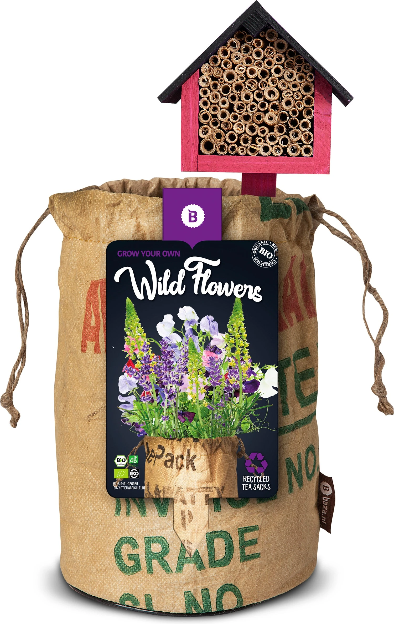 Baza Wild Flowers Biologische Gemengde Wildbloemen Paars Met Insectenhotel 1 Baza Wild Flowers Biologische Gemengde Wildbloemen Paars Met Insectenhotel